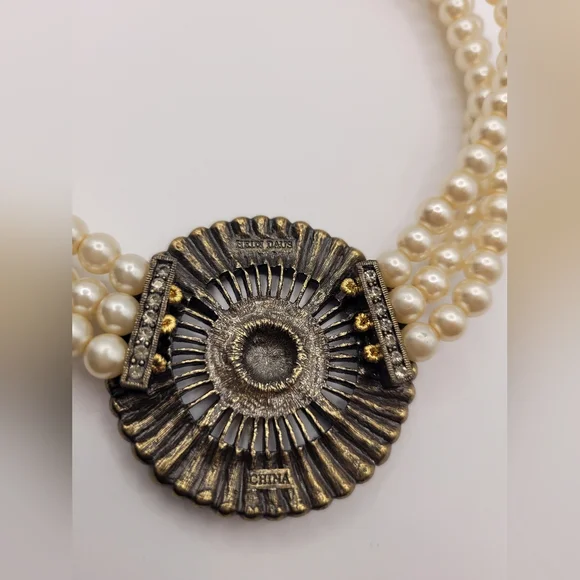 Heidi Daus Pearl Multi Strand Medallion Pendant Sparkly Stamped Necklace